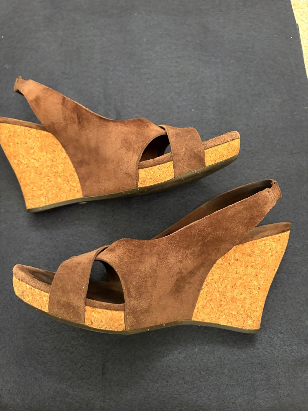 UGG Brown Suede Cork Wedge Sandals — Open Toe Slingback